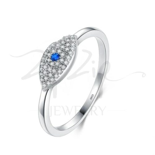 טבעת כסף 925 בשילוב עין משובצת זרקונים בינוני וזרקון כחול