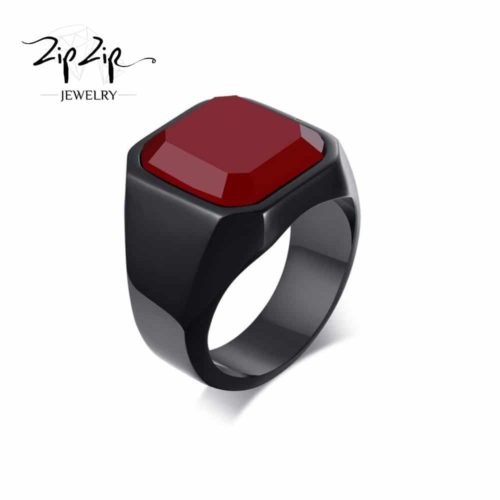 טבעת "סטאר" Stainless Steel שחורה חותמת אבן אדומה