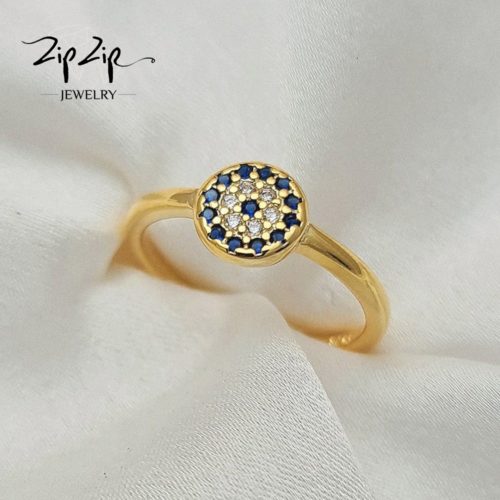טבעת כסף 925 בציפוי זהב "לני" גמישה עין כחולה