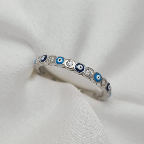 טבעת כסף 925 עיניים כחולות ועיגולים כסופים ומשובצי זרקונים